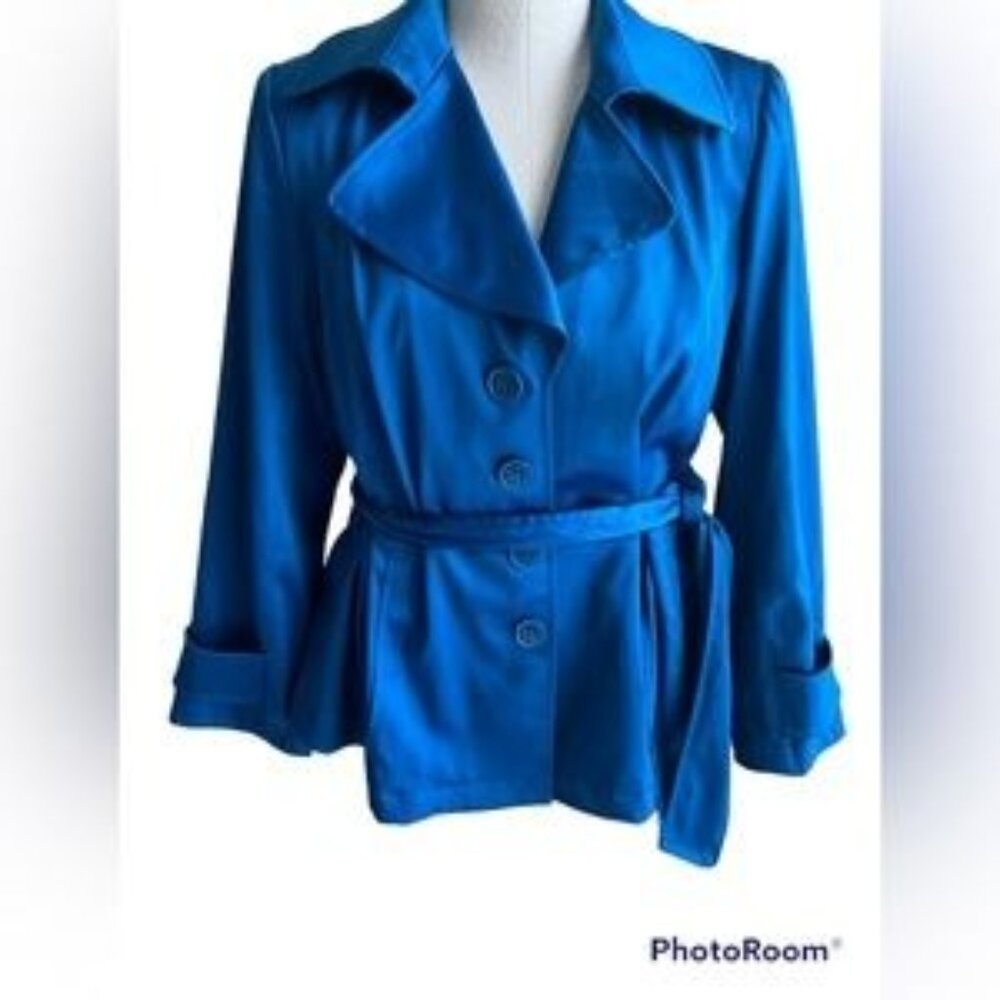 Lane Bryant Womens Blue Satin Belted Jacket Size 28 With Button-Up Front & Long